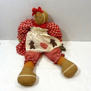 VTG 18" Folk Art Gingerbread Doll Shelf Sitter w/Wooden Cookie Gingham Outfit